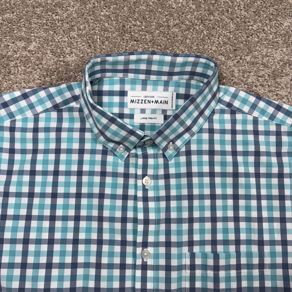 Mizzen+Main Leeward‎ Short Sleeve Shirt Mens Large Trim Fit Blue Gingham Check
